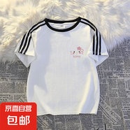 女童純棉短袖t恤夏季新款卡通童裝寬松洋氣中大童三條桿半袖上衣 白色-Kitty貓 160
