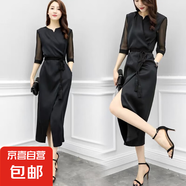 2025夏裝新款赫本風(fēng)高級感連衣裙女氣質(zhì)名媛開叉中長裙子包臀裙子 黑色 SBY18B9512 S 80-100斤
