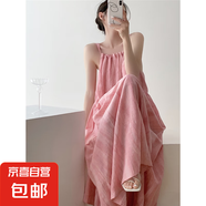 多巴胺粉色暈染連衣裙女夏顯瘦氣質(zhì)大擺裙無(wú)袖亞麻長(zhǎng)裙度假吊帶裙 暈染粉 L