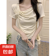 白色正肩蝴蝶結(jié)短袖女夏季設(shè)計感不規(guī)則修身緊身短款法式上衣 杏色 【KK-R299】 L
