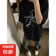 2025年百搭潮牌100%短袖T恤炸街青少年美式短袖體恤高品質(zhì)男潮流 黑色-6102閃電 L