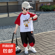 哪吒衣服男童夏季套裝2025帥氣兒童衣服T恤褲子男孩兩件套3-6歲潮 紅色 薄款 100 cm