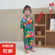 兒童吊帶套裝男女童薄款棉綢背心短褲兩件套網(wǎng)紅寶寶東北花15xk75 七分褲套裝-大花綠色+頭巾 120 cm