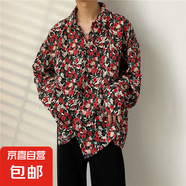 港風vintage花襯衫男女復(fù)古夏威夷痞帥寬松情侶長袖襯衣潮牌外套 紅色 2234 XL