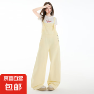 美式街牛仔背帶褲女夏季2025新款寬松復古腰直筒小個(gè)子闊腿褲 奶黃色背帶褲 703 S