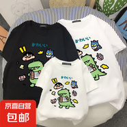 純棉親子裝高端夏裝一家三口四口夏季母子女裝2025新款潮短袖T恤 黑色-恐龍蠟筆小新 130 童裝