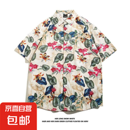 東南亞夏威夷短袖花襯衫五分袖男女同款情侶沙灘度假夏季碎花襯衣 5112杏色 2XL