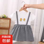 2025韓版假兩件女寶寶連衣裙夏季洋氣小童背帶格子裙嬰兒背心裙子 黑色背帶裙 120