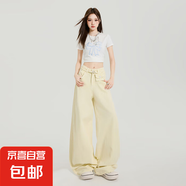 奶黃色腰包闊腿牛仔褲女夏季新款美式腰寬松垂感直筒彎刀褲長褲 奶黃色 1981 奶黃色加長+腰包 S