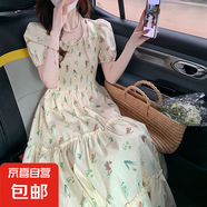 法式碎花連衣裙女夏季方領(lǐng)泡泡袖收腰顯瘦公主裙百搭氣質(zhì)長(cháng)裙J785 淺黃色 XL （120-130斤）