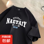 220克純棉復古潮牌男女情侶款夏季美式印花寬松短袖上衣服t恤 1018黑色【19.98】 M