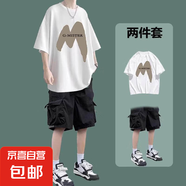 短袖t恤男夏季寬松薄款t恤男學生衣服搭配工裝短褲一套休閑套裝男 T375短袖白色+K18短褲黑色 XL 【建議120-135斤】