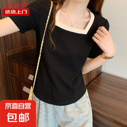 正肩t恤女短袖方領(lǐng)撞色胖mm大碼女裝顯瘦寬松遮肚子棉上衣RL#2218 KJY#2218#黑色 L 【100-115斤】