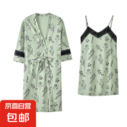 春夏季莫代爾女睡衣兩件套吊帶睡裙七分袖睡袍薄款帶胸墊家居服 淺綠色2786 L (165)