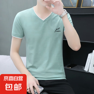 新款純棉短袖t恤男夏季薄款V領白色潮流半袖上衣男體恤修身時尚WF QY659豆綠 純棉T恤 XL 建議120-135斤