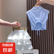 女童甜美半身裙套裝夏季洋氣中大童女孩背心蛋糕裙百褶裙兩件套 TNZ-1223【藍(lán)衣白裙】 170