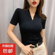 【都市麗人制造商】V領(lǐng)2025新款洋氣緊身百搭體恤短袖t恤女上衣 黑色 M  【90-102斤】