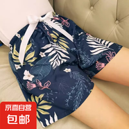 新款睡褲女夏款綿綢短褲人造棉沙灘褲速干印花寬松家居大碼休閑褲 藏青丁香花 XL 130-160斤