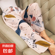 棉綢睡褲女夏季薄款人造棉防蚊褲闊腿褲綿綢2025年新款沙灘褲子 水墨畫 L （建議110-135斤）