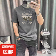 短袖t恤男2025新款精梳棉印花百搭半袖春夏潮牌男裝時(shí)尚潮流上衣 摩托【灰色】 XL