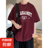 100%純棉夏季潮牌短袖T恤男寬松印花短袖潮流上衣體恤青少年上衣 酒紅色-616 M