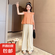 女童夏季防蚊褲套裝新款中大童直筒褲女孩寬松洋氣闊腿褲 杏色褲子 150