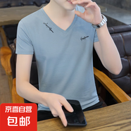2025夏季男士短袖t恤V領(lǐng)薄款修身半袖潮流百搭上衣男裝純棉體恤WF QY663湖藍 純棉T恤 XL 建議120-135斤