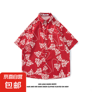 短袖花襯衫海南島服沙灘服三亞夏威夷泰國(guó)旅游男情侶休閑寬松襯衫 8046紅色 L