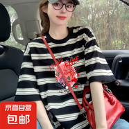 條紋短袖t恤女2025夏季寬松韓版半袖圓領(lǐng)百搭顯瘦上 黑色條紋30079 XL