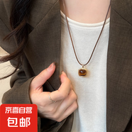 國潮虎眼石皮繩抽拉項鏈女美拉德高級感長款毛衣鏈簡約時尚鎖骨鏈 琥珀色方形吊墜項鏈【1條裝】