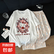 睡衣女款夏季純棉短袖格子長褲2025新款可外穿ins學(xué)生家居服套裝 24F389白 2XL