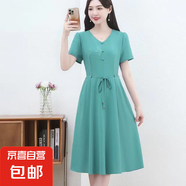 媽媽夏季連衣裙中年女新款休閑氣質(zhì)收腰顯瘦時(shí)尚高檔洋氣短袖裙子 藍(lán)色 4XL 120-130斤左右