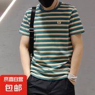 條紋短袖t恤2025夏季新款潮流半袖體恤圓領(lǐng)男士百搭薄款打底衫DM 二羅世家E287綠色 M