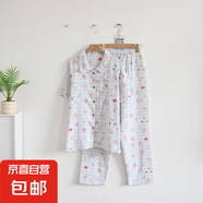夏季紗布短袖長褲短褲睡衣套裝女透氣純棉翻領(lǐng)寬松卡通薄款家居服 藍(lán)格子熊短袖長褲 L 110-130