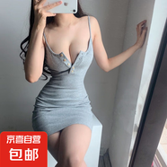 2025夏季新款時尚低胸露肩螺紋紐扣包臀彈力修身吊帶純色連衣裙 灰色 2XL