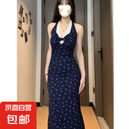 夏季2025新款女碎花吊帶裙子法式蕾絲拼接掛脖長裙收腰顯瘦連衣裙 圖片色 2XL