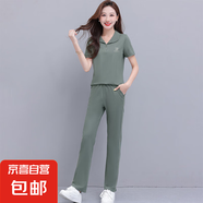外穿顯瘦短袖套裝女夏季新款日常通勤中老年廣場(chǎng)舞夏裝兩件套大碼 灰綠色 3XL 建議140到155斤