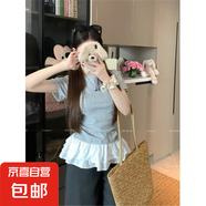 法式荷葉花邊下擺拼接白色短袖t恤女夏季設(shè)計感修身正肩小衫上衣 灰色 S