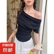 甜美一字肩短袖t恤女夏季2025款正肩粉色甜辣風(fēng)蕩領(lǐng)純欲修身T恤QP 可可女裝R312黑色 2XL