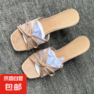 法式歐美細(xì)跟蝴蝶結(jié)網(wǎng)紗露趾外穿性感舒適一字拖氣質(zhì)仙女涼拖鞋女 杏色 37