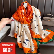春夏薄款絲巾高級感印花長(cháng)巾新款緞面旅游防曬紗巾民族風(fēng)披肩批發(fā) LJ2306-橙紅色