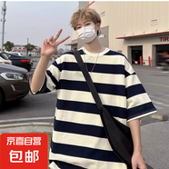 條紋短袖t恤男士2025夏季新款寬松潮流港風(fēng)半袖上衣學(xué)生打底衫DM 加森爵大條紋五分袖黑色 2XL