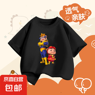 2025年新款豬豬俠兩件裝100%純棉兒童短袖T恤豬豬俠卡通印花圖案 黑色-豬豬俠倆人 120