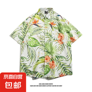 東南亞夏威夷短袖花襯衫五分袖男女同款情侶沙灘度假夏季碎花襯衣 5117白色 XL