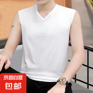 男士圓V領背心男修身韓版無袖坎肩休閑運動透氣背心  JS純色無袖 V領白色 2XL