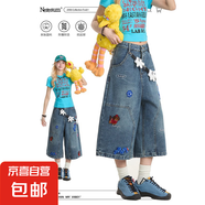 趣味刺繡牛仔七分褲女夏季2025新款做舊水洗寬松直筒休閑百搭短褲 淺藍色（高質(zhì)量品質(zhì)） 3XL