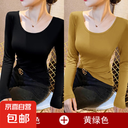 露背大圓領(lǐng)莫代爾低領(lǐng)打底衫女內(nèi)搭秋冬長袖t恤德絨加厚上衣8006 【薄款兩件裝】黑+黃綠 莫代爾棉 XL 參考115-125斤