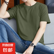 夏季男T恤純色潮流百搭情侶修身學(xué)生青少年白色打底衫 JS純棉短袖 軍綠 XL
