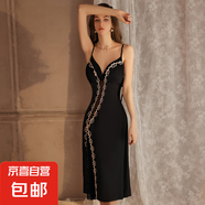 夏季性感露背誘惑系帶加胸墊聚攏網(wǎng)紗拼接長款開衩吊帶睡裙家居服 黑色 M 80-105