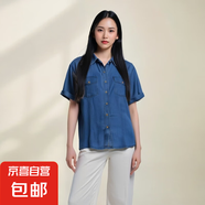 天絲牛仔襯衫女短袖寬松顯瘦休閑開(kāi)衫薄外套中長(cháng)款上衣夏季#25009 淺藍 L （建議80-105斤）
